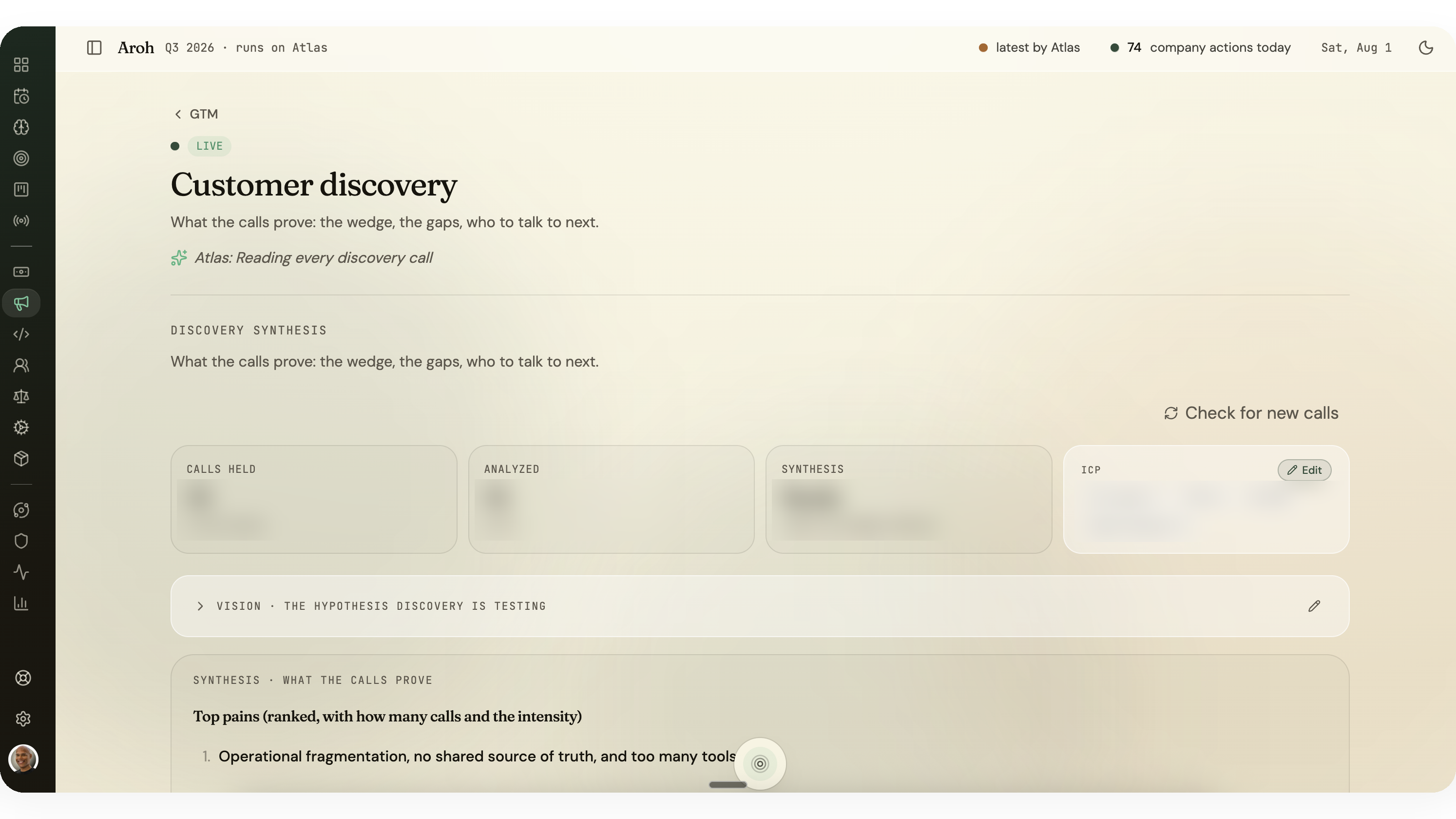 Atlas customer discovery page: a synthesis rolled up across every scored call, with the top pains ranked by how many calls carry them