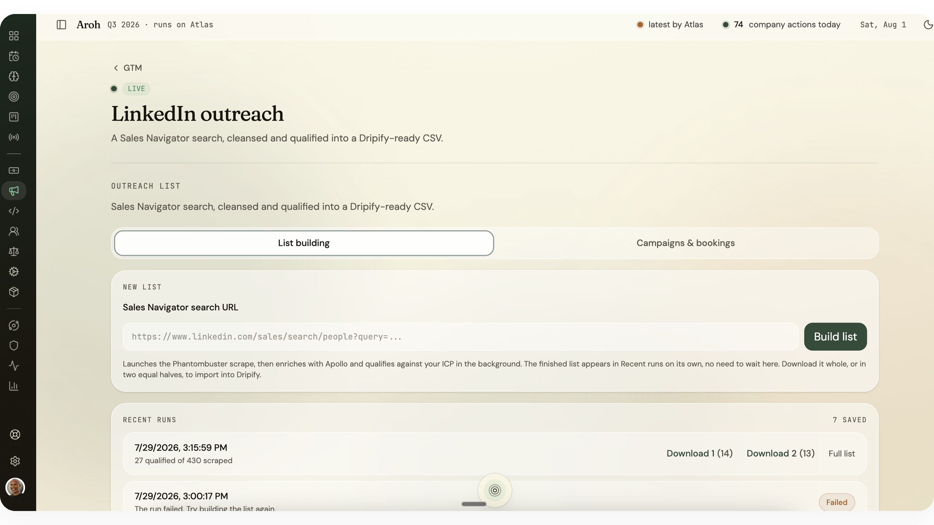 Atlas GTM outreach page: a Sales Navigator search URL input with a Build list action, and a list of recent runs showing how many leads qualified out of how many were scraped