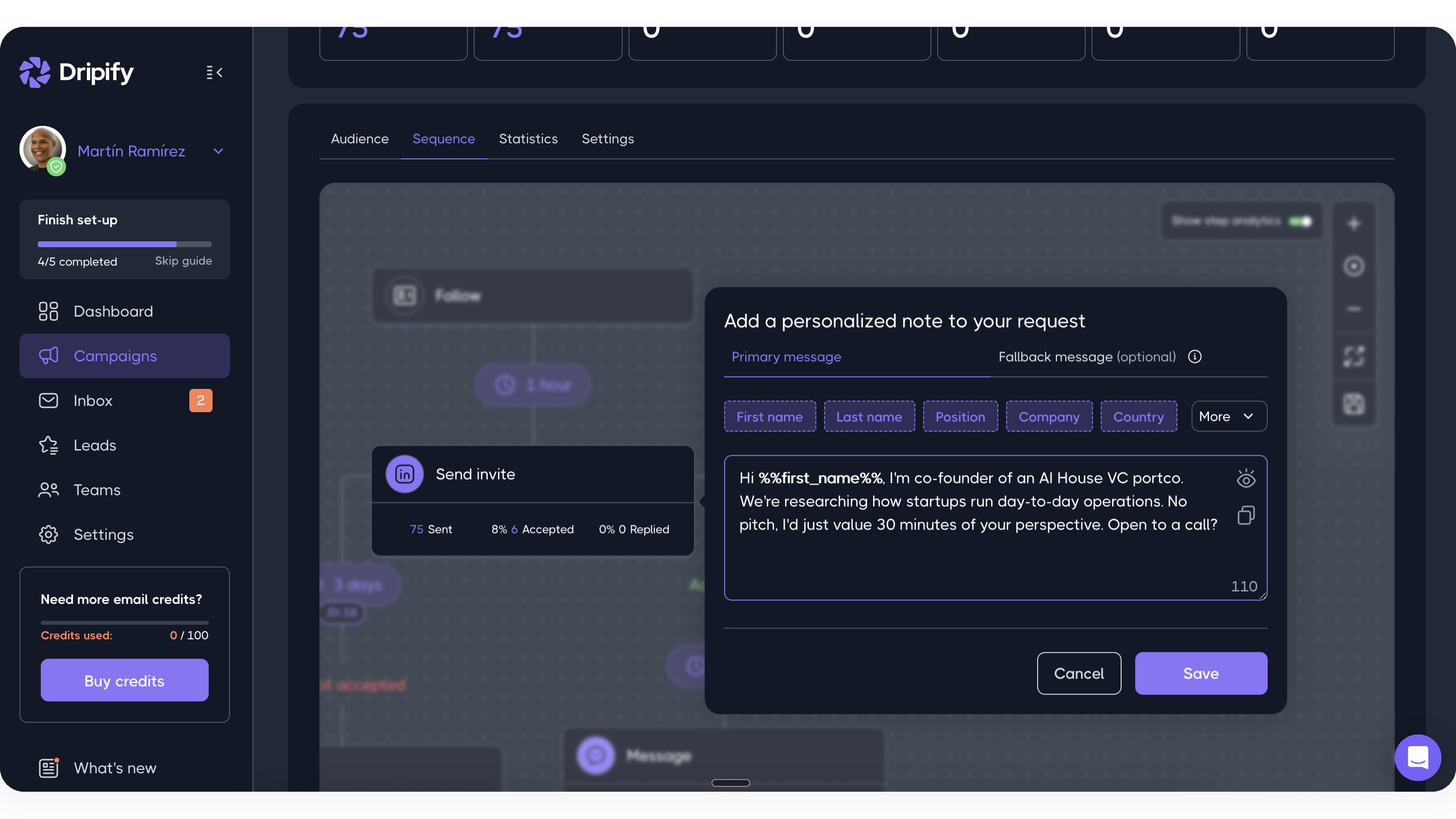 Dripify campaign sequence editor with the personalised connection-request note open, showing send and acceptance statistics on the invite step