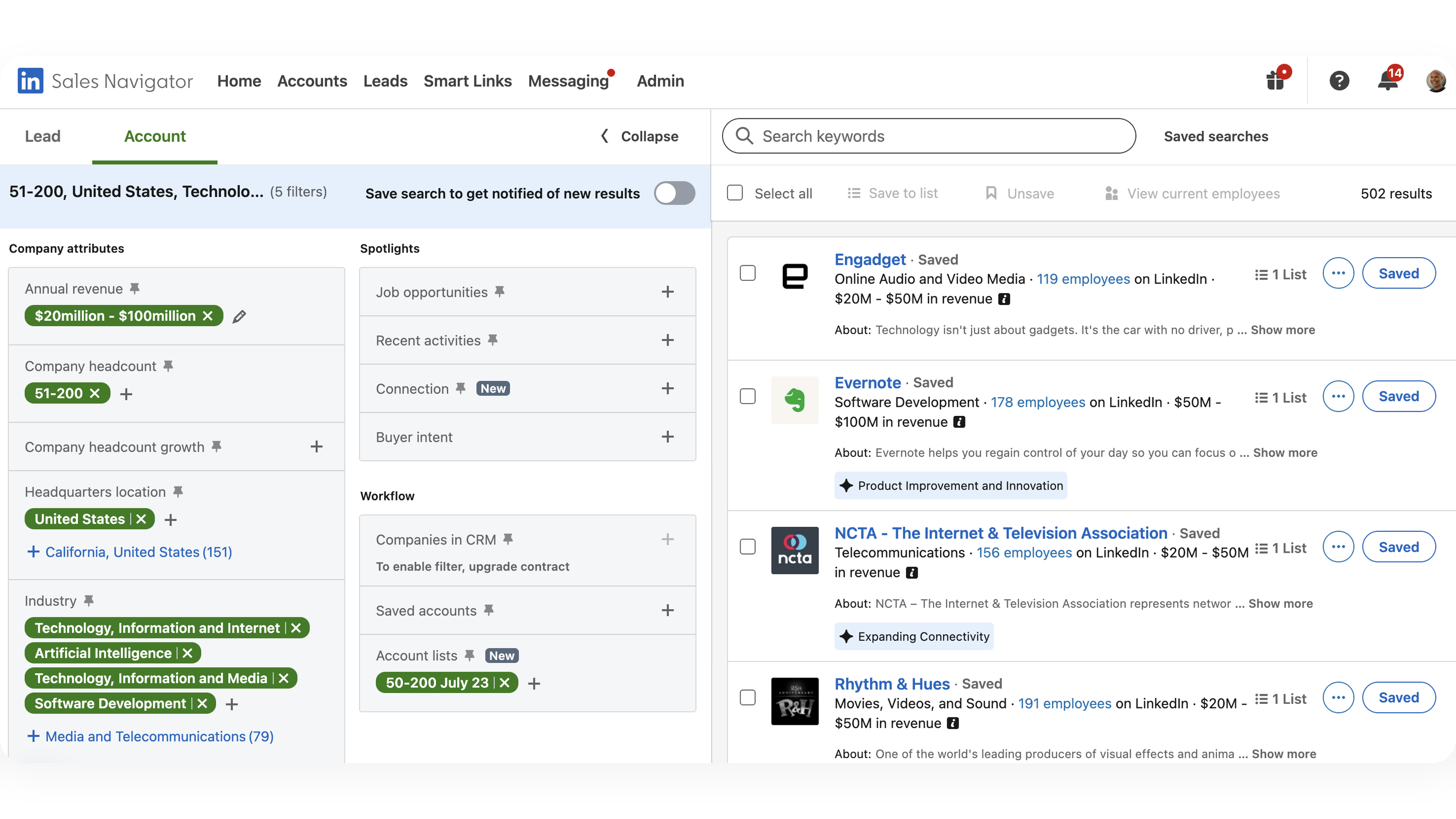 LinkedIn Sales Navigator account search with revenue, headcount, headquarters and industry filters applied