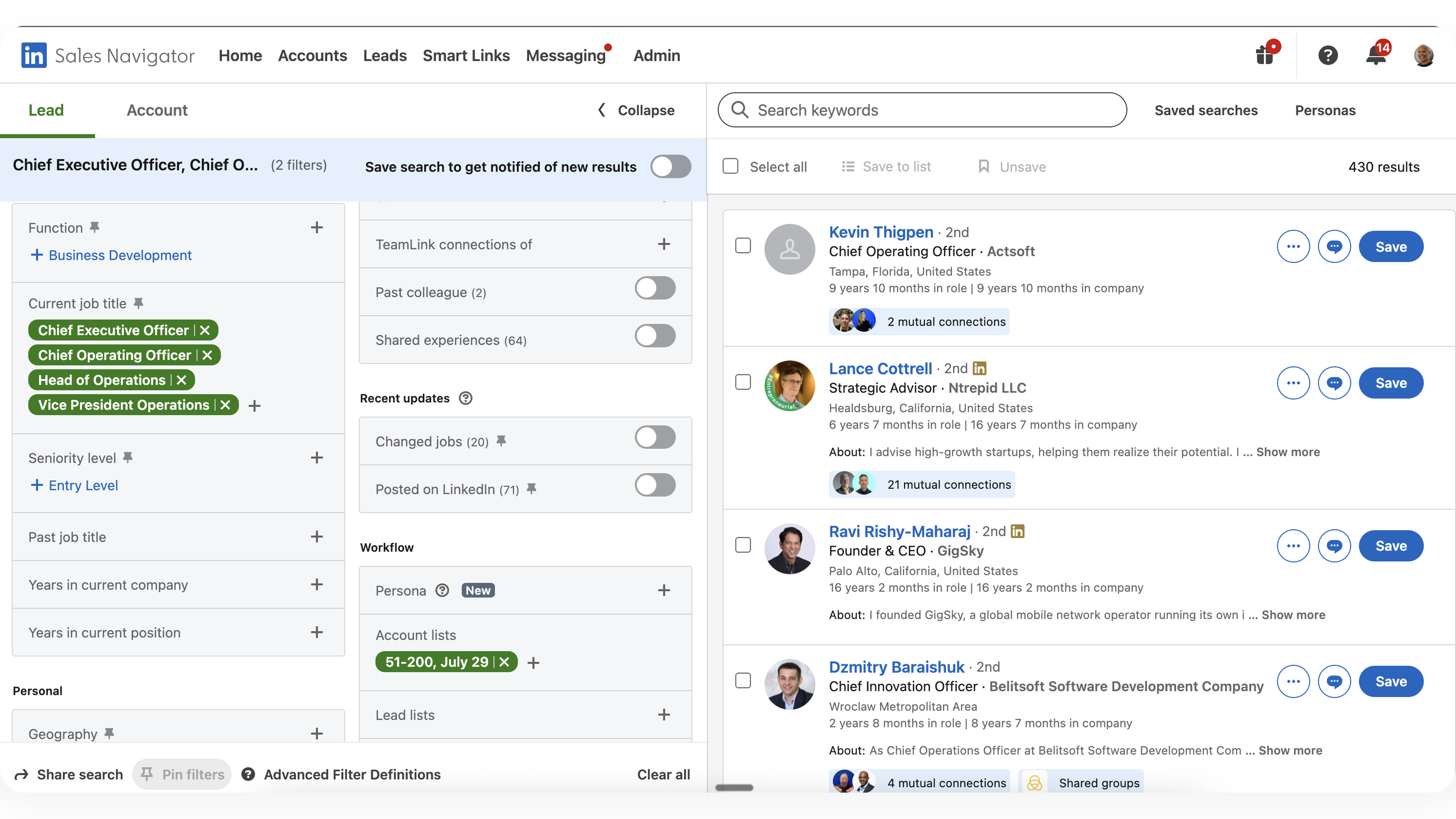 LinkedIn Sales Navigator lead search with job title filters and a saved account list applied